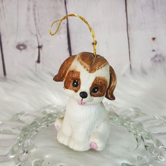 Vintage Ceramic Puppy Dog Pup Christmas Kitschy Holiday Ornament Bell Brown Wht - Picture 2 of 13